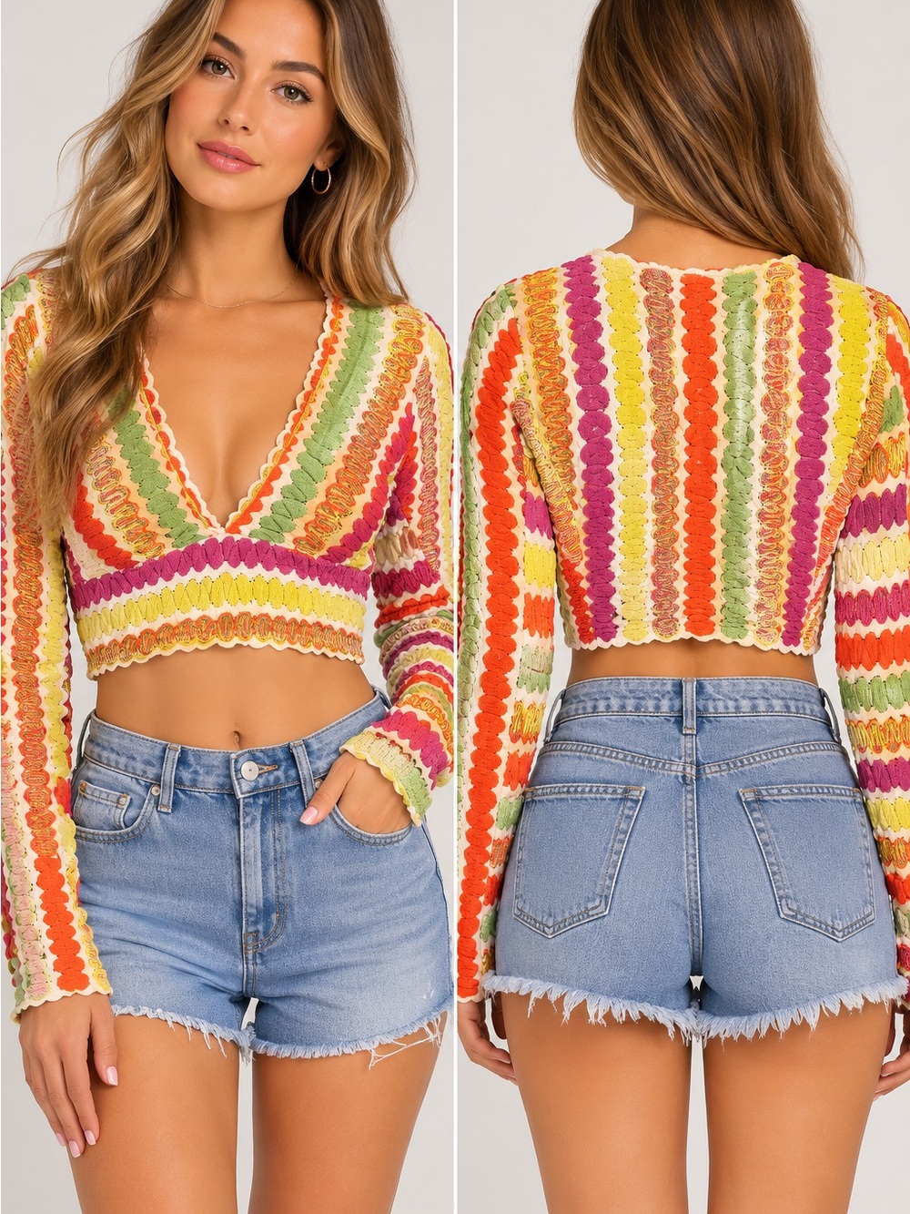 Free People Twist & Shout Multicolor Crochet Knit Long Sleeve Crop Top Sz Large